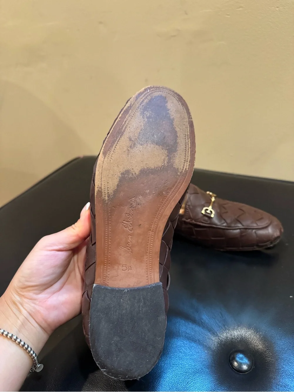 Sam Edelman Brown Woven Leather Loafers with Gold Bit